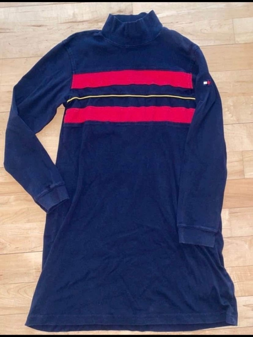 Tommy Hilfiger Navy Long-Sleeve Turtleneck with Red Stripes and Yellow Trim